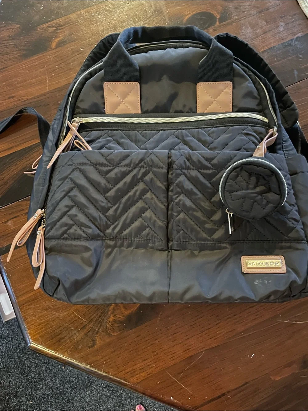 Skip Hop Black Quilted Diaper Backpack with Tan Trim